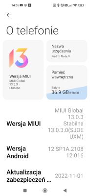 Zrzut ekranu z informacjami o telefonie Redmi Note 9 z MIUI 13.0.3 i Androidem 12.