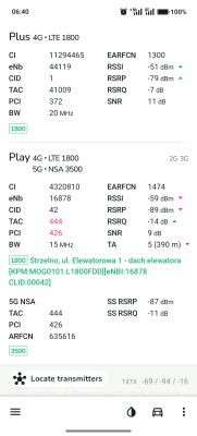 Zrzut ekranu z aplikacji Net Monster pokazujący szczegóły sygnału sieci 4G i 5G.