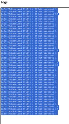 Screenshot of IR signal logs showing value 591944 and protocol 1