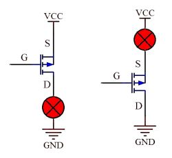 NMOS and PMOS in Different Circuit Configurations Diagrams showing NMOS as a lower lamp and PMOS as an upper lamp in circuits.