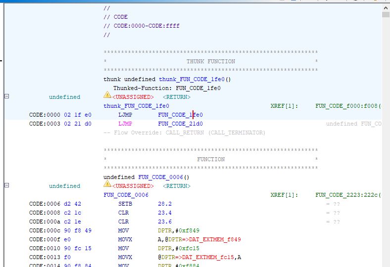 Screenshot from the Ghidra decompiler analyzing assembly 8051 code