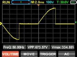 Oscilloscope showing voltage waveform for MoesGo MS-105B dimmer.