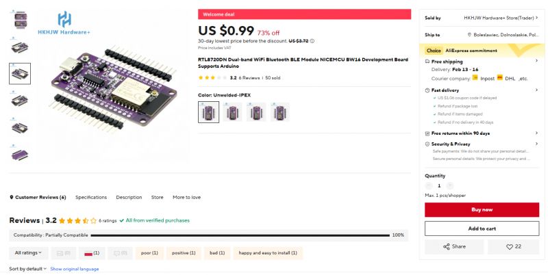 Product page for RTL8720DN development board on AliExpress
