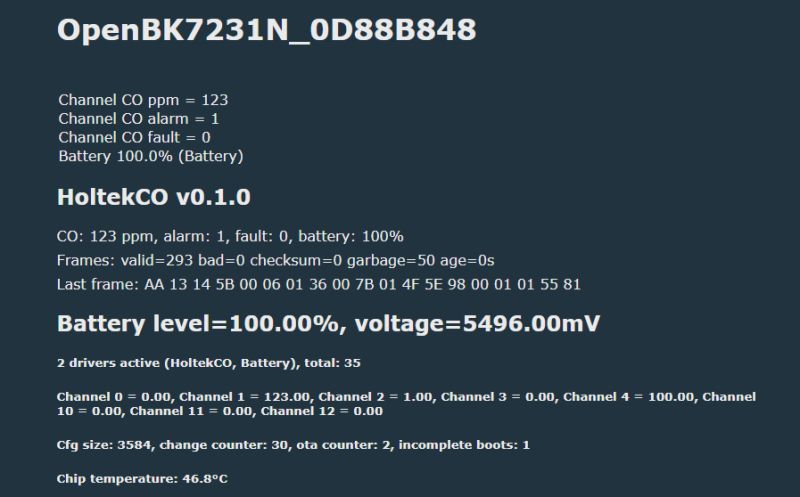 Screenshot of CO sensor and battery readouts: CO 123 ppm, alarm 1, battery 100%