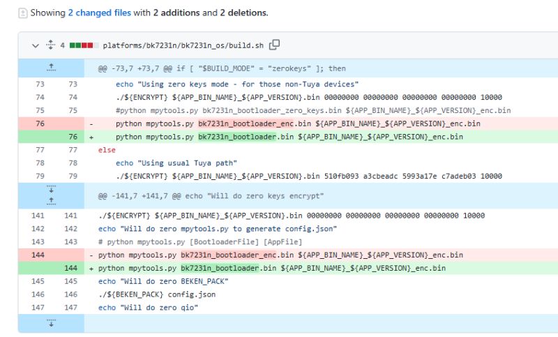Screenshot of build.sh diff showing bootloader change from _enc.bin to standard .bin