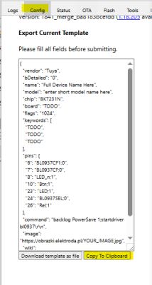 Template export interface in configuration tool Screenshot of configuration tool interface with JSON form and copy button