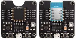 Two ESP modules, ESP8266 on the left, and one labeled HLK-M20 on the right, with visible pins.