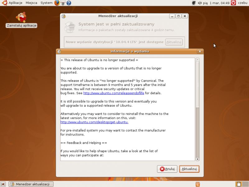 Okno menedżera aktualizacji Ubuntu z komunikatem o zakończeniu wsparcia