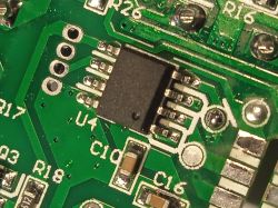 Close-up of a circuit board showing an electronic component labeled U4.