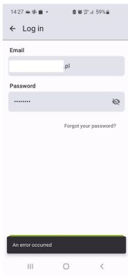 Ekran logowania aplikacji z komunikatem o błędzie „An error occurred”
