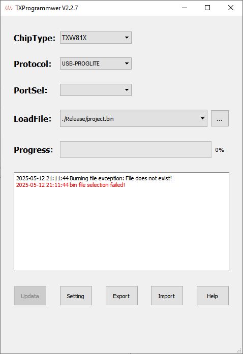 Screenshot of the TXProgrammer V2.2.7 application showing a bin file selection error message.