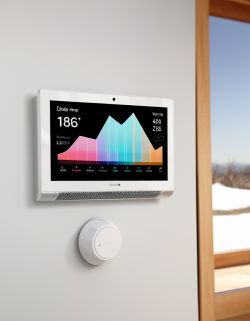 Smart Home Control Panel with Chart Wall-mounted control panel with colorful chart and round dial below.