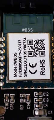 WB3S Module with CE and RoHS Markings WB3S module on a PCB with visible QR code and CE, RoHS markings.