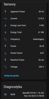 Sensor and diagnostics panel of OpenBK7231N with displayed energy metrics