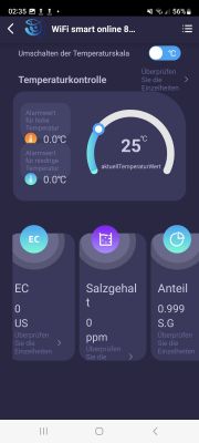 Screenshot of a temperature monitoring app with a 25°C reading, temperature alarms, and additional parameters like EC and salinity.