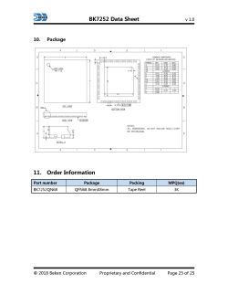 BK7252 QFN68 Package Drawings and Dimensions Technical drawings of a QFN68 IC package with dimension table and ordering information.