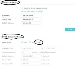 Ustawienia sieciowe i wyłączony serwer DHCP w konfiguracji extendera
