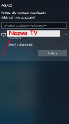 Zrzut ekranu menu połączenia urządzenia z telewizorem.