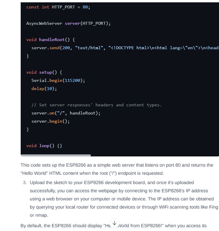 Setting Up ESP8266 as a Web Server Code sets up the ESP8266 as a simple web server returning HTML content on request.
