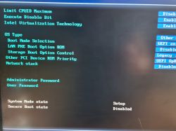 Zrzut ekranu z ustawień BIOS komputera z widocznymi opcjami bootowania oraz informacją o wyłączonym Secure Boot.