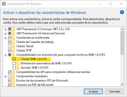 Windows features window with SMB 1.0/CIFS client enabled.