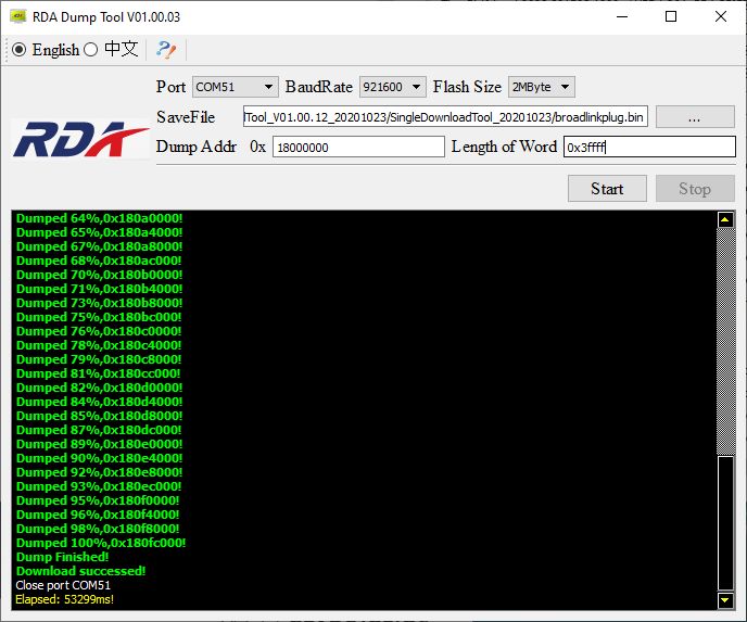 Screenshot of RDA Dump Tool with a completed memory dump operation.