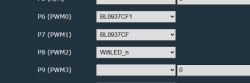 Screenshot of P6–P9 pin settings with dropdowns, showing values like BL0937CF and WifiLED_n