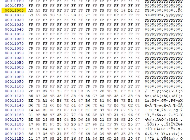 Screenshot of a hex editor displaying flash memory contents.