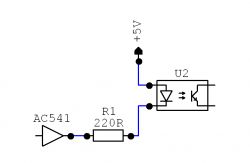 Schemat przedstawiający układ z układem scalonym AC541, rezystorem 220R oraz diodą podłączoną do źródła napięcia 5V.