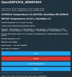 Screenshot of the OpenESP32C6 user interface displaying sensor data and temperatures.
