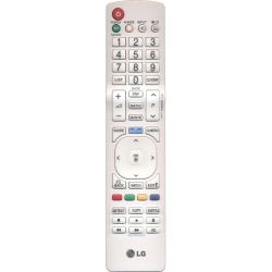 Biały pilot LG AKB72915279 z wieloma przyciskami funkcyjnymi