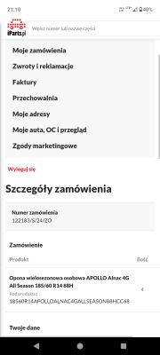 Zrzut ekranu z potwierdzeniem zamówienia opon marki Apollo Alnac 4G All Season na stronie iParts.pl.