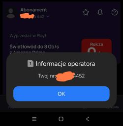 Zrzut ekranu aplikacji Play z oknem „Informacje operatora” i zamazanym numerem telefonu.