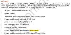 Excerpt from documentation on UART in LN882H highlighting the maximum data transfer rate of 2 Mbps.
