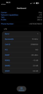 Zrzut ekranu iPhone’a z panelem „Dashboard” i parametrami LTE w sieci Play
