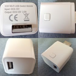 1CH Wi-Fi USB Switch Module Wi-Fi USB switch module with DC input/output and a button on the casing.