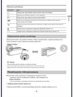 Strona instrukcji obsługi przedstawiająca wskaźniki wyświetlacza, sposób zdejmowania panelu przedniego oraz instrukcję resetowania mikroprocesora.