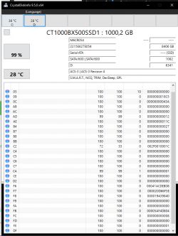 Zrzut ekranu z programu CrystalDiskInfo pokazujący stan dysku SSD o pojemności 1000 GB.