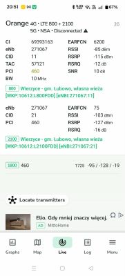 Zrzut ekranu NetMonster z parametrami sieci Orange 4G LTE 800+2100 i statusem 5G rozłączone
