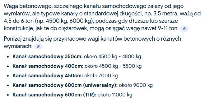 Tabela wag betonowych kanałów samochodowych o różnych długościach