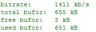 Screenshot of audio stats: bitrate 1411 kb/s, buffer 655 kB, free 3 kB, used 651 kB