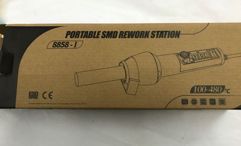 Cardboard box with illustration of WEP 8858-I portable SMD rework station
