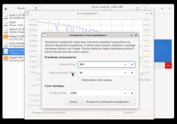 Okno testu wydajności dysku w aplikacji gnome-disk-utility z widocznymi ustawieniami