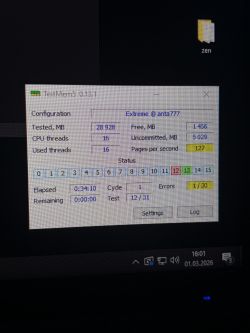 Okno TestMem5 0.13.1 z presetem Extreme, 1 błąd po 34 minutach testu