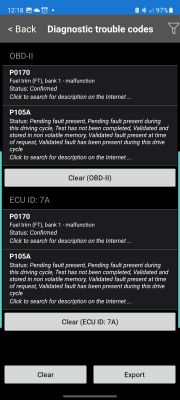 Ekran błędów diagnostycznych OBD-II z kodami P0170 i P105A