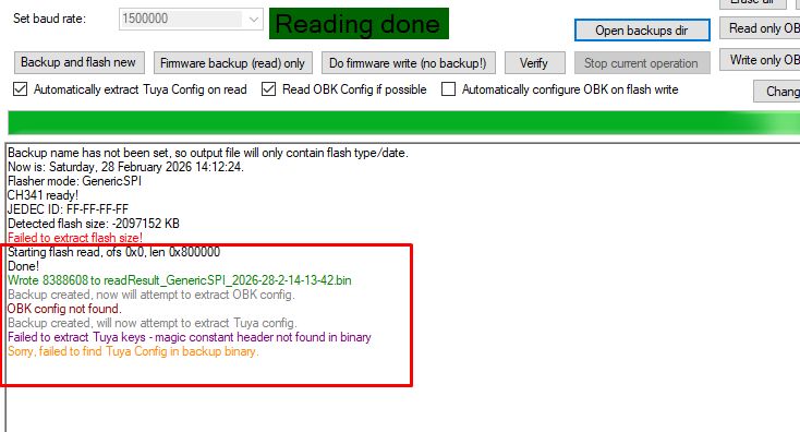 Screenshot of a flash read tool showing “Reading done” and a red-boxed log with JEDEC ID FFFFFF