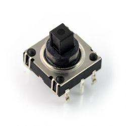 Square momentary push button with a black stem and four leads.