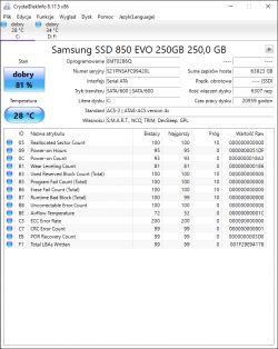 Samsung SSD 850 EVO 250GB - 81% dobry, ocena S.M.A.R.T.