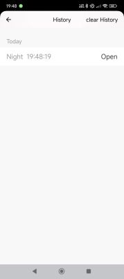App Activity History Screenshot showing activity history in an app with an entry labeled Night at 19:48:19, marked as Open.