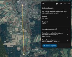 Pomiar odległości na mapie satelitarnej Zrzut ekranu mapy satelitarnej z linią pomiaru odległości 5 819,88 m